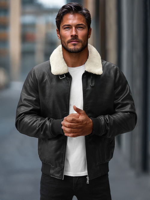 Juoda vyriška odinė striukė OZONEE JB/JP1178Z