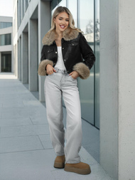 Juodai-smėlinis moteriška odinė striukė OZONEE JS/61M8513/392B