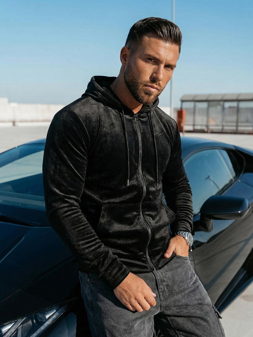 Juodas vyriškas veliūrinis džemperis su gobtuvu OZONEE JS/8B1168/3Z