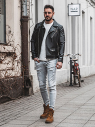 Juoda vyriška odinė striukė OZONEE O/5625Z