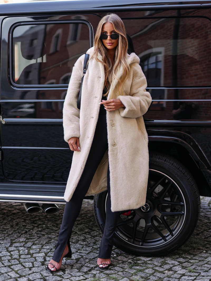 Smėlinis moteriška žieminė striukė iš kailio OZONEE JS/11Z8250