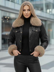 Juodai-smėlinis moteriška odinė striukė OZONEE JS/61M8513/392B