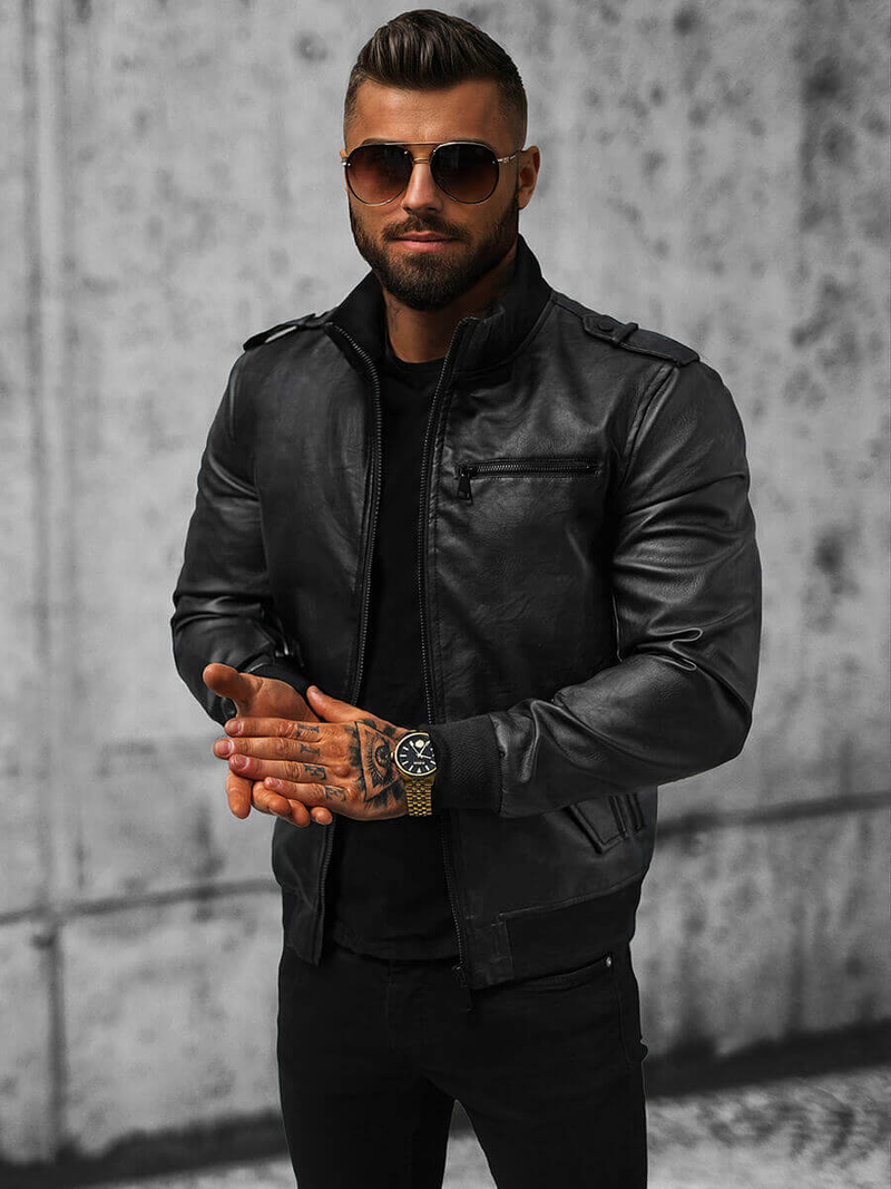 Juoda vyriška odinė striukė OZONEE O/8907