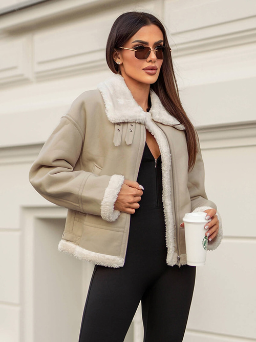 Smėlinis Moteriška Odinė Striukė OZONEE JS/11Z8178