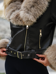 Juodai-smėlinis moteriška odinė striukė OZONEE JS/61M8511/392B