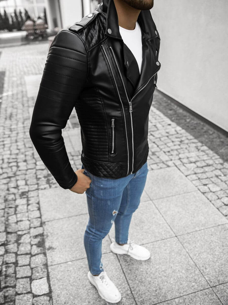 Juoda vyriška odinė striukė OZONEE O/5629