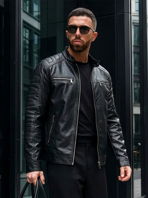 Juoda vyriška odinė striukė OZONEE JS/11Z8138