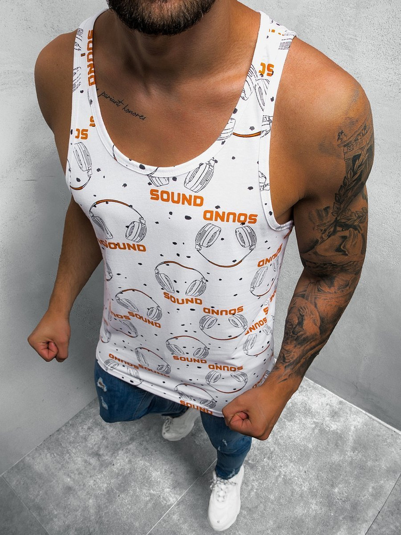 Balta ir oranžinė spalvos vyriški berankoviai marškinėliai OZONEE O/BL121