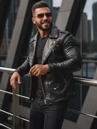 Juoda vyriška odinė striukė OZONEE JS/11Z8014Z