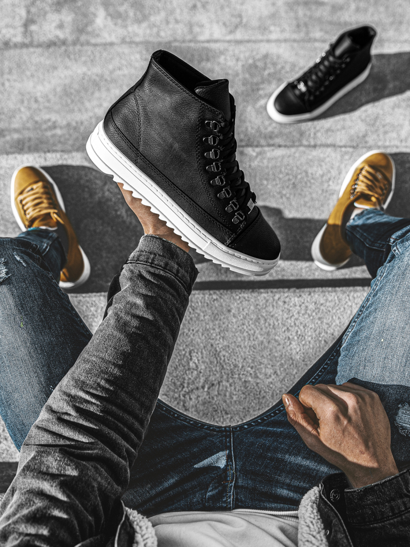 Juodai-balti aukšti sneakers stiliaus batai OZONEE W/034