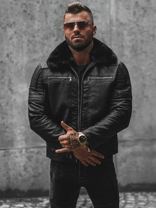 Juoda vyriška odinė striukė OZONEE JS/11Z8013Z