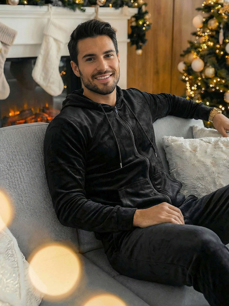 Juodas vyriškas veliūrinis sportinis kostiumas OZONEE JS/8C1169/3Z