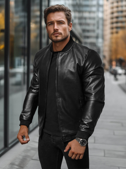 Juoda vyriška odinė striukė OZONEE JS/11Z8105Z