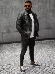 Juoda vyriška odinė striukė OZONEE JS/11Z8005