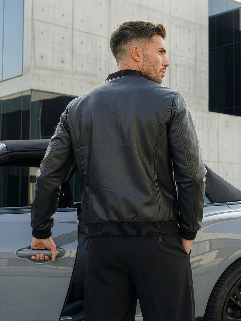 Juoda vyriška odinė striukė OZONEE JS/11Z8015Z