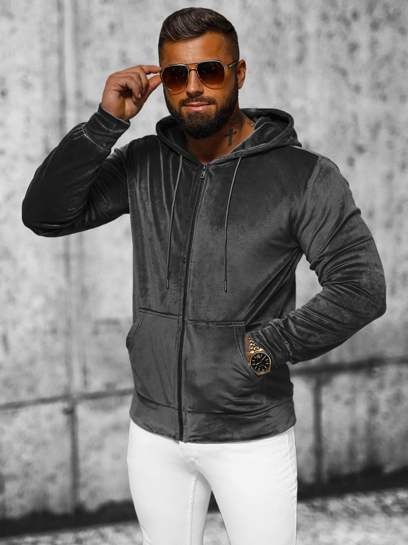 Grafitinis vyriškas veliūrinis džemperis su gobtuvu OZONEE JS/8B1168/6