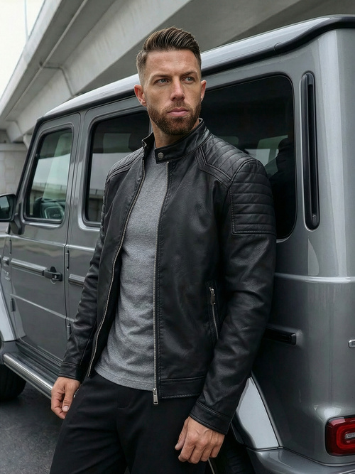 Juoda vyriška odinė striukė OZONEE JS/11Z8139