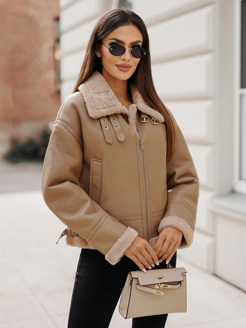 Smėlinis Moteriška Odinė Striukė OZONEE JS/11Z8176