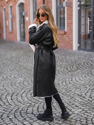 Juoda moteriškas odinis paltas OZONEE JS/11Z8253