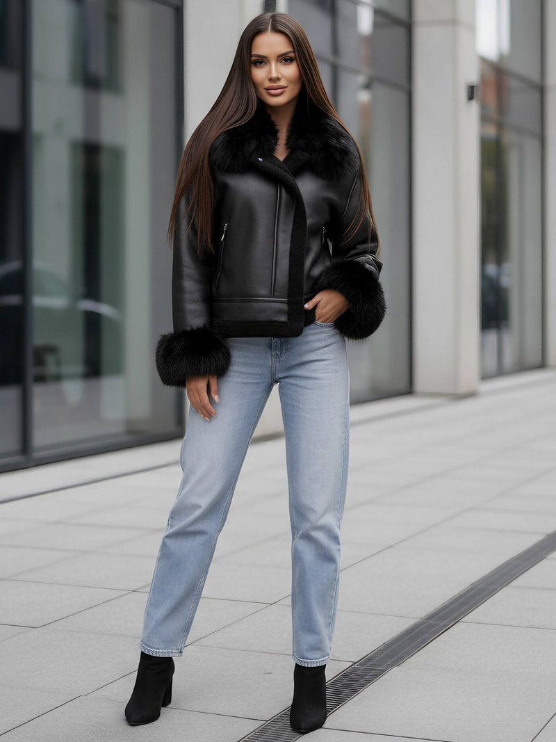 Juoda moteriška odinė striukė OZONEE JS/61M8505/392Z