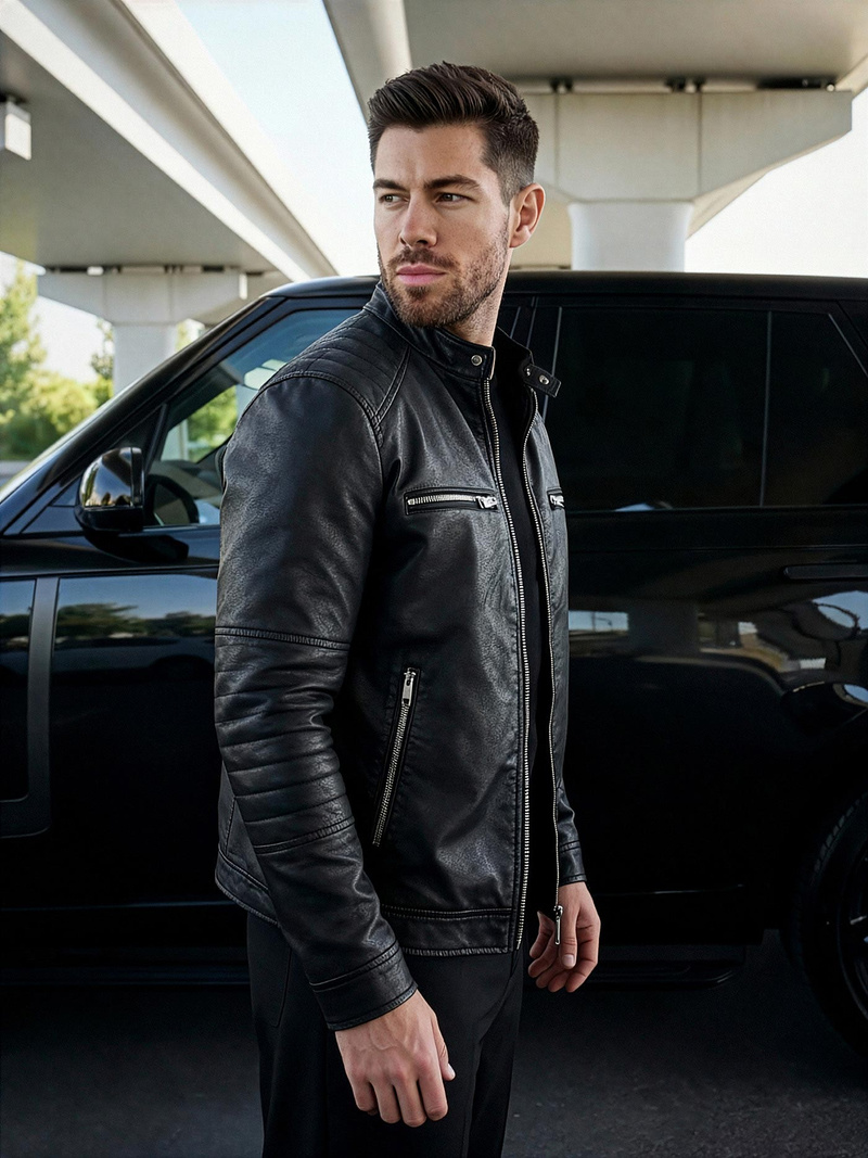 Juoda vyriška odinė striukė OZONEE JS/11Z8066