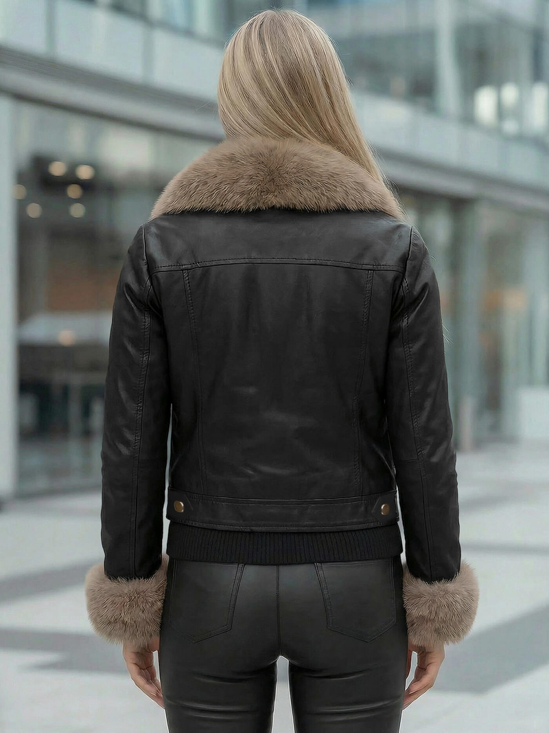 Juodai-smėlinis moteriška odinė striukė OZONEE JS/61M8513/392B