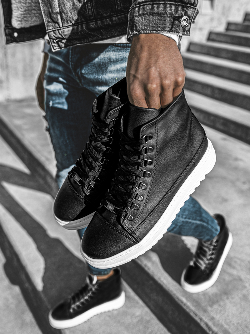 Juodai-balti aukšti sneakers stiliaus batai OZONEE W/034