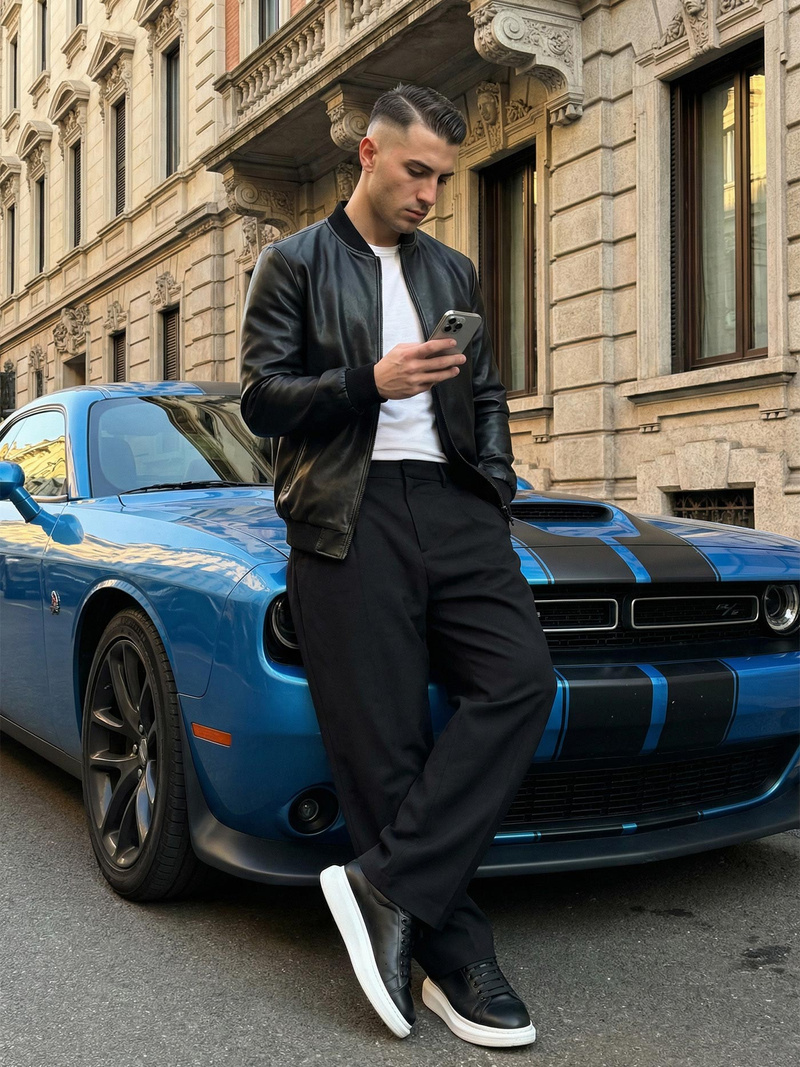 Juoda vyriška odinė striukė OZONEE JS/11Z8105Z