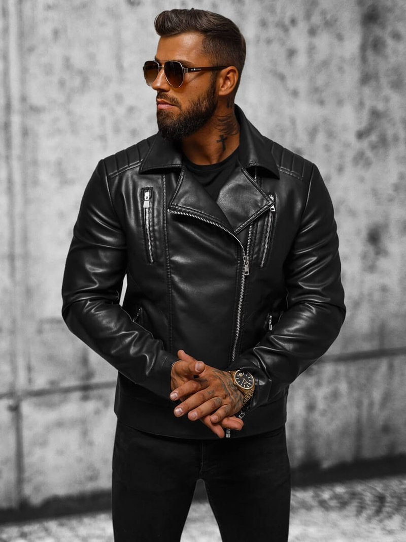 Juoda vyriška odinė striukė OZONEE JS/11Z8056