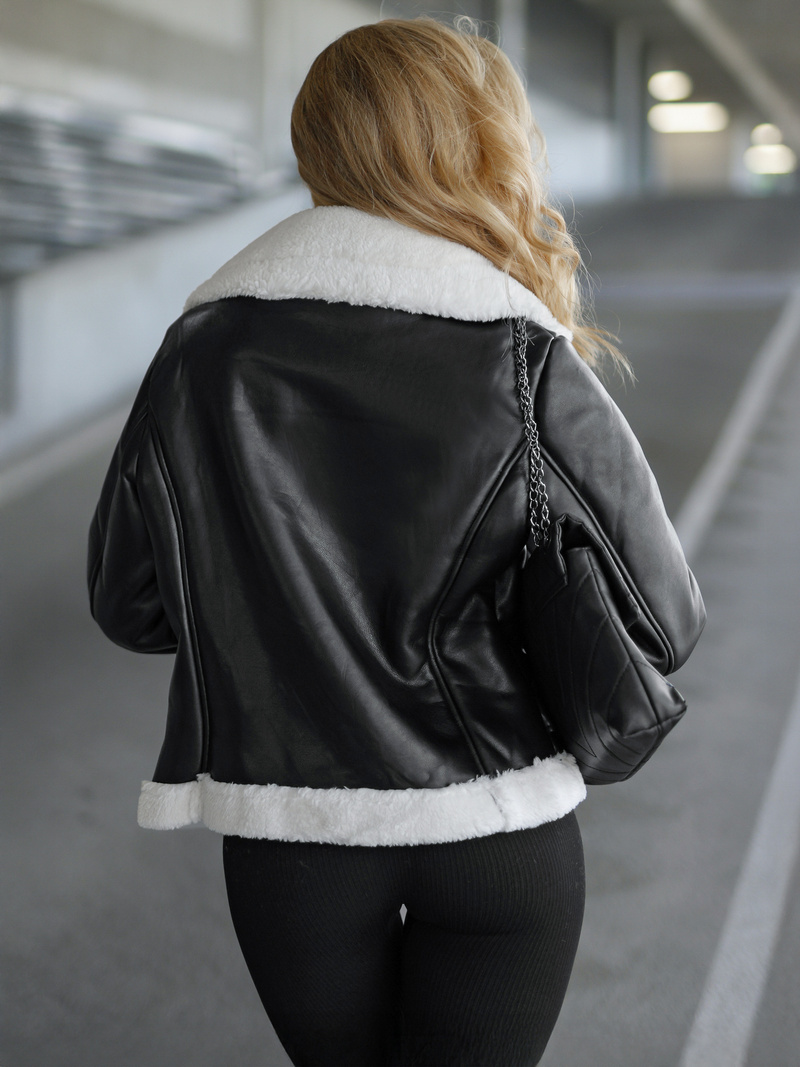 Juodai-balta moteriška odinė striukė OZONEE JS/11Z8177Z