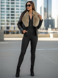 Juodai-smėlinis moteriška odinė striukė OZONEE JS/61M8508/392BZ