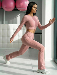 Pudrinis rožinis spalvos moteriškos tamprės plačiomis kojomis OZONEE JS/17K588/7Z