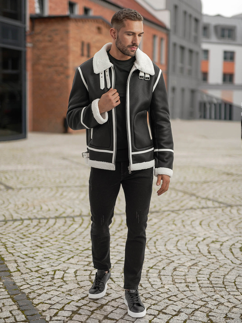 Juoda vyriška odinė striukė OZONEE JS/11Z8270