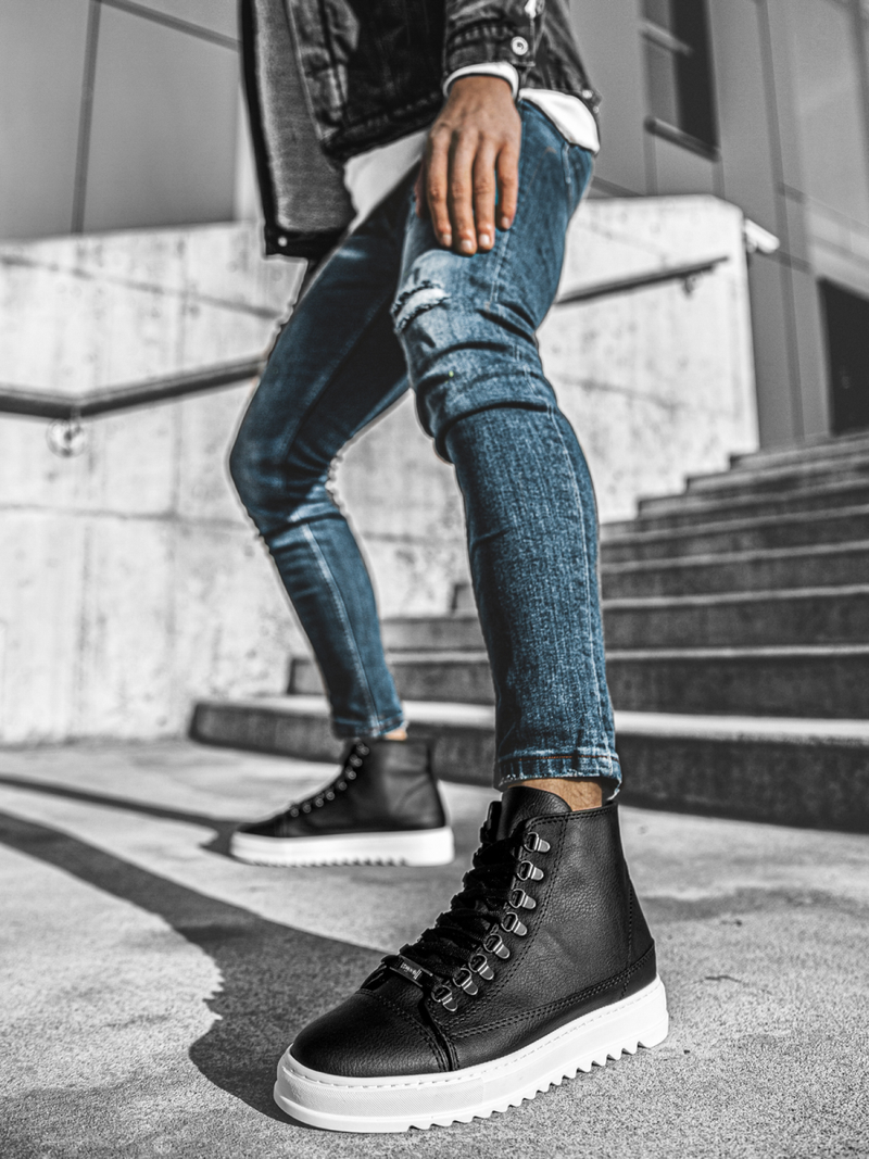 Juodai-balti aukšti sneakers stiliaus batai OZONEE W/034