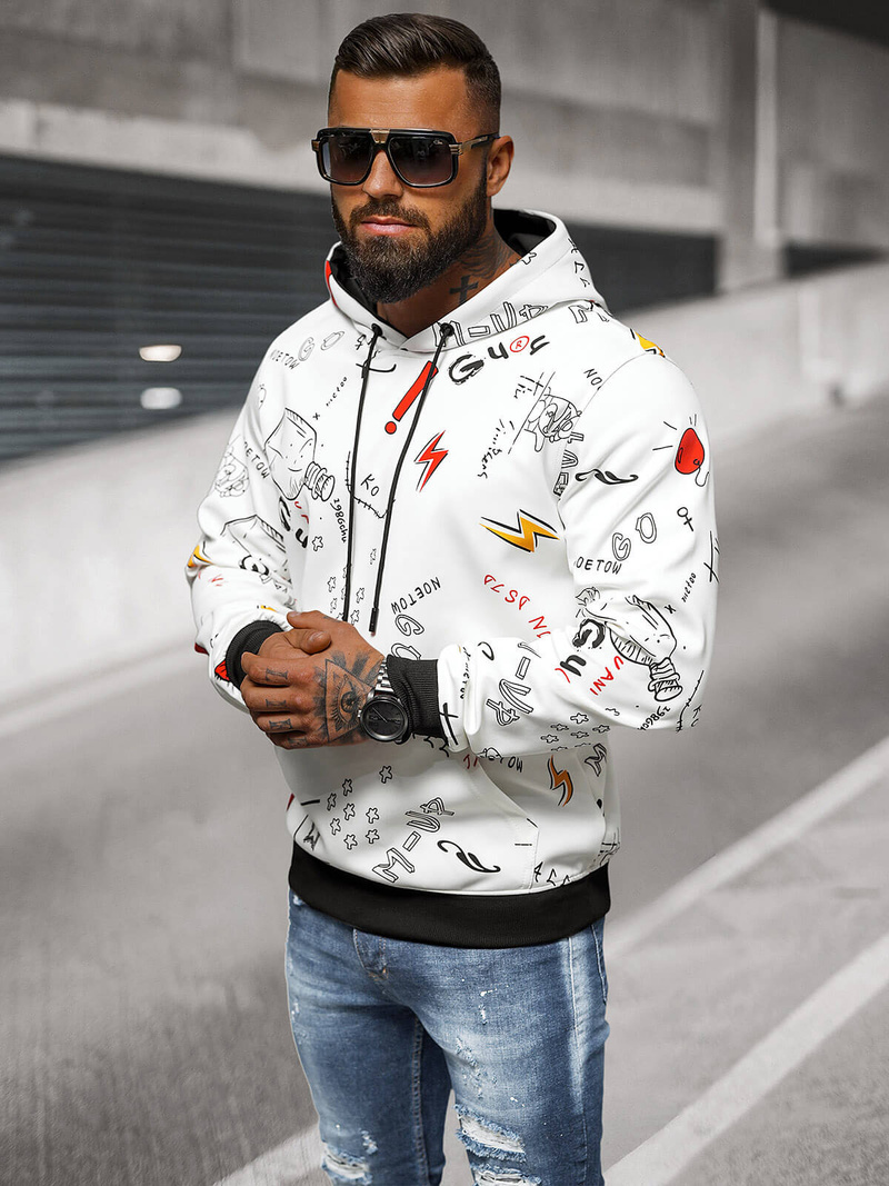 Baltas vyriškas džemperis su gobtuvu OZONEE JS/8B1223/1