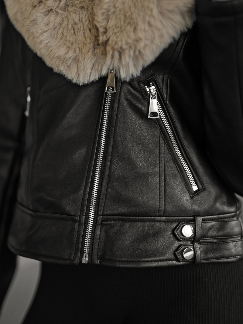 Juodai-smėlinis moteriška odinė striukė OZONEE JS/61M8508/392B