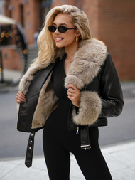 Juodai-smėlinis moteriška odinė striukė OZONEE JS/61M8511/392B