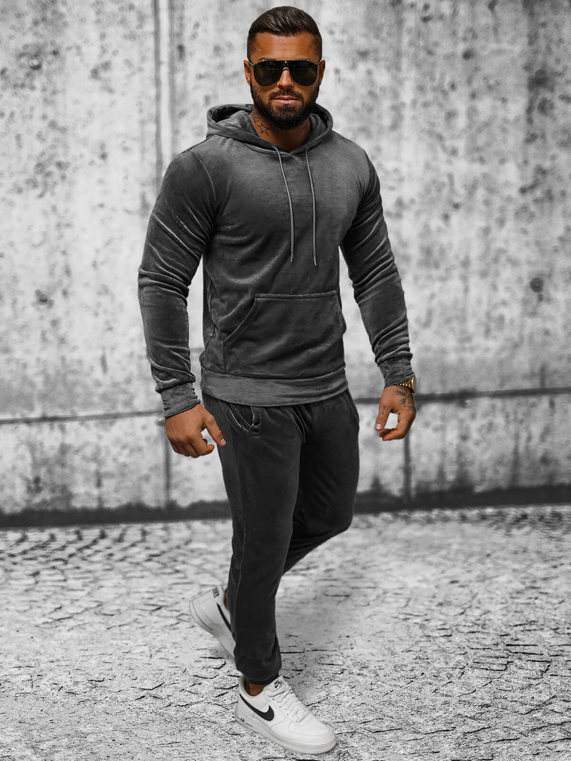 Grafitinis vyriškas veliūrinis sportinis kostiumas OZONEE JS/8C1171/6