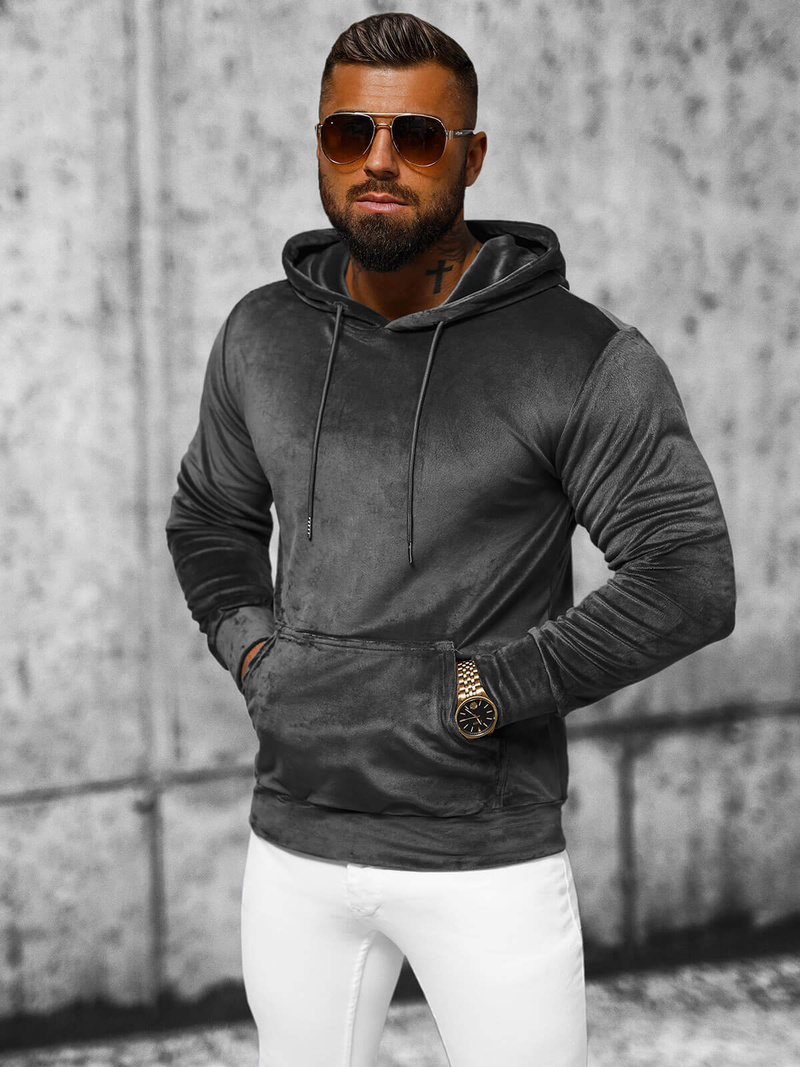 Grafitinis vyriškas veliūrinis džemperis su gobtuvu OZONEE JS/8B1170/6