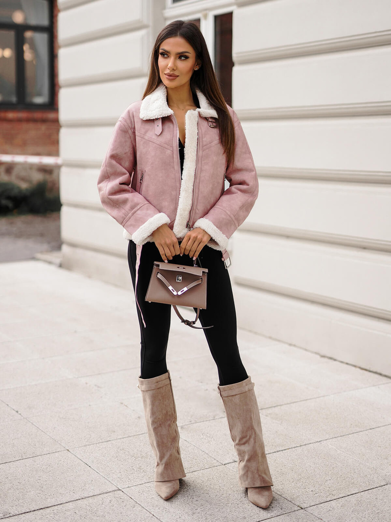 Pudrinis Rožinis Moteriška Odinė Striukė OZONEE O/81331