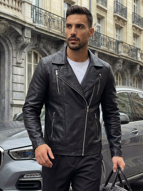 Juoda vyriška odinė striukė OZONEE JS/11Z8067Z