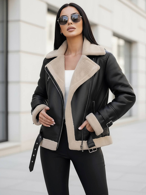 Juodai-smėlinis moteriška odinė striukė OZONEE JS/11Z8177Z