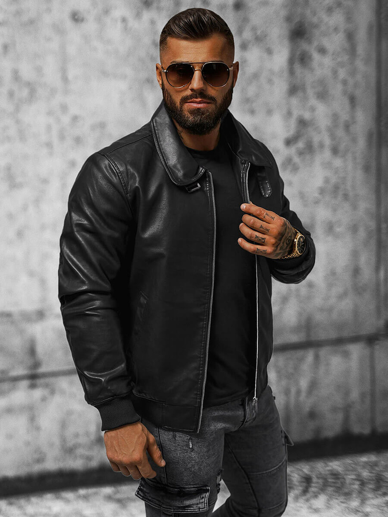 Juoda vyriška odinė striukė OZONEE JB/JP1178Z