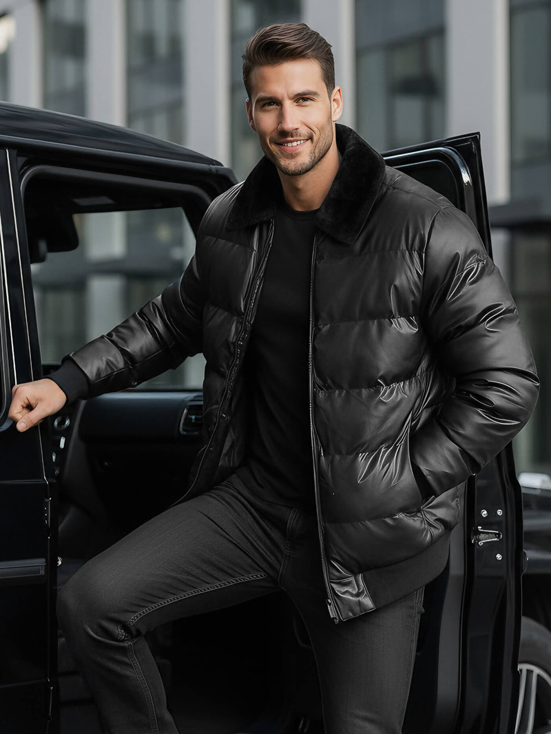 Juoda vyriška žieminė odinė striukė OZONEE O/M795Z