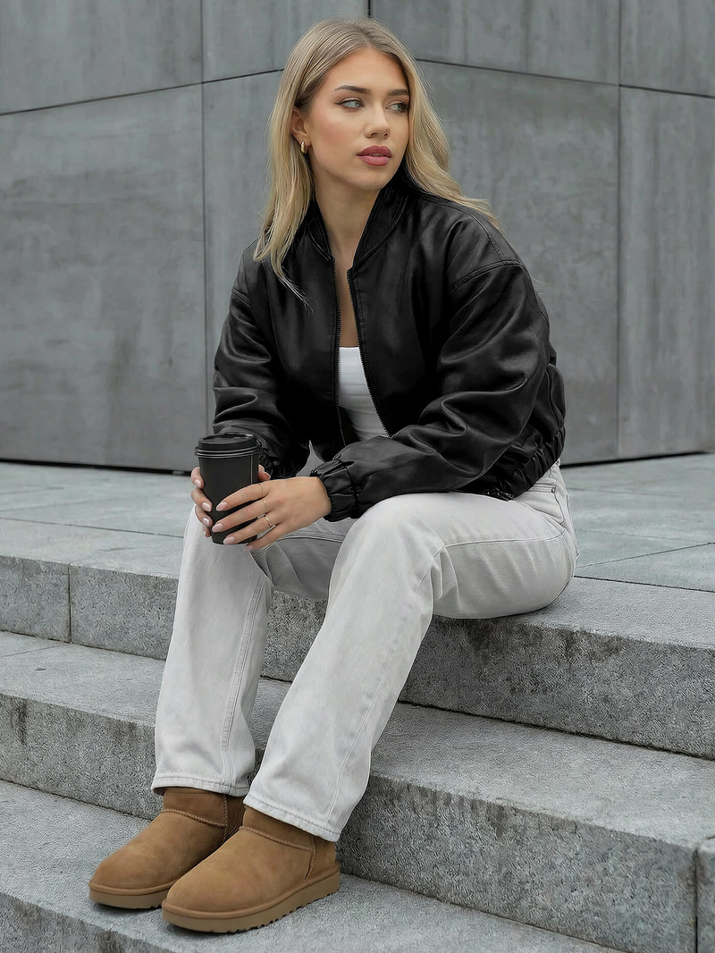 Juoda Moteriška Odinė Striukė OZONEE JS/11Z8281Z