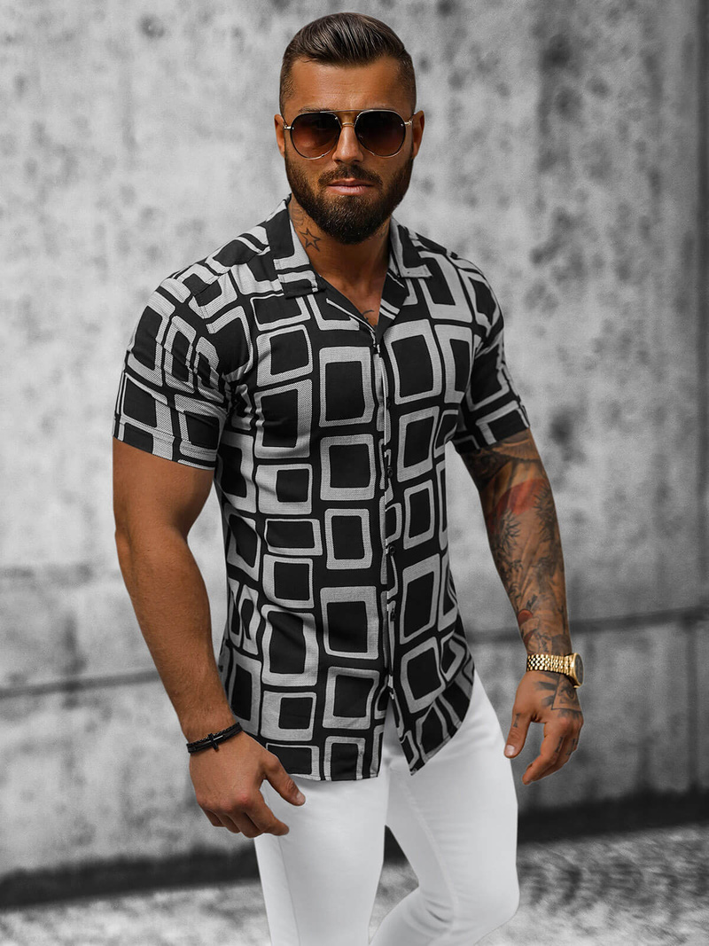 Juodi vyriški marškiniai trumpomis rankovėmis OZONEE E/1400/117