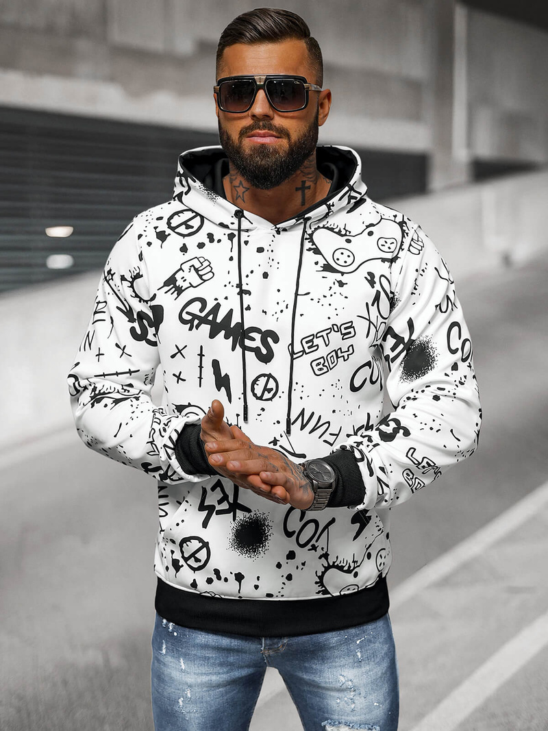 Baltas vyriškas džemperis su gobtuvu OZONEE JS/8B1227/1