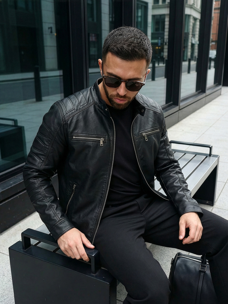 Juoda vyriška odinė striukė OZONEE JS/11Z8138