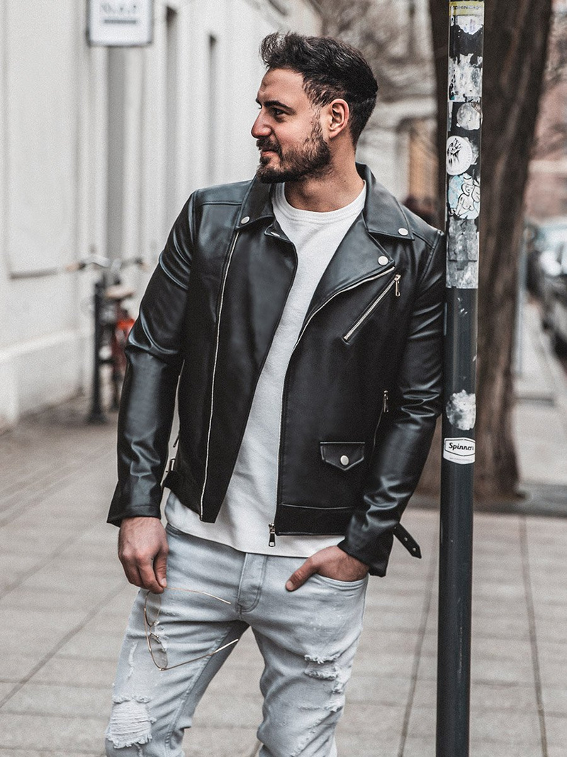 Juoda vyriška odinė striukė OZONEE O/5625Z