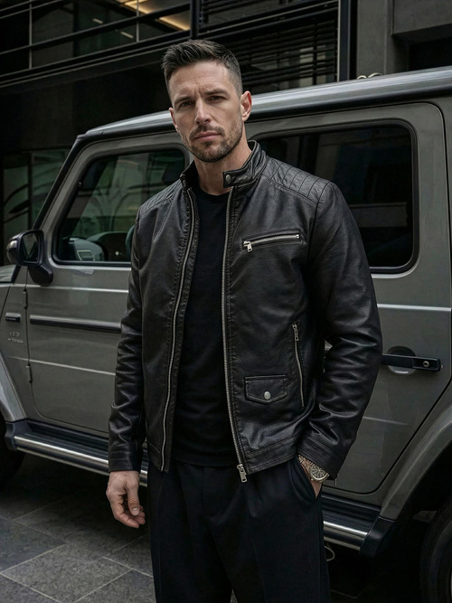 Juoda vyriška odinė striukė OZONEE JS/11Z8021